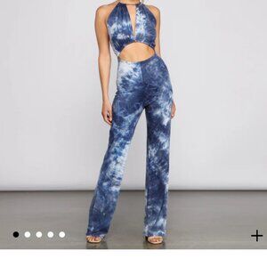 Blue Tye Dye Cut Out Jumpsuit New With Tags